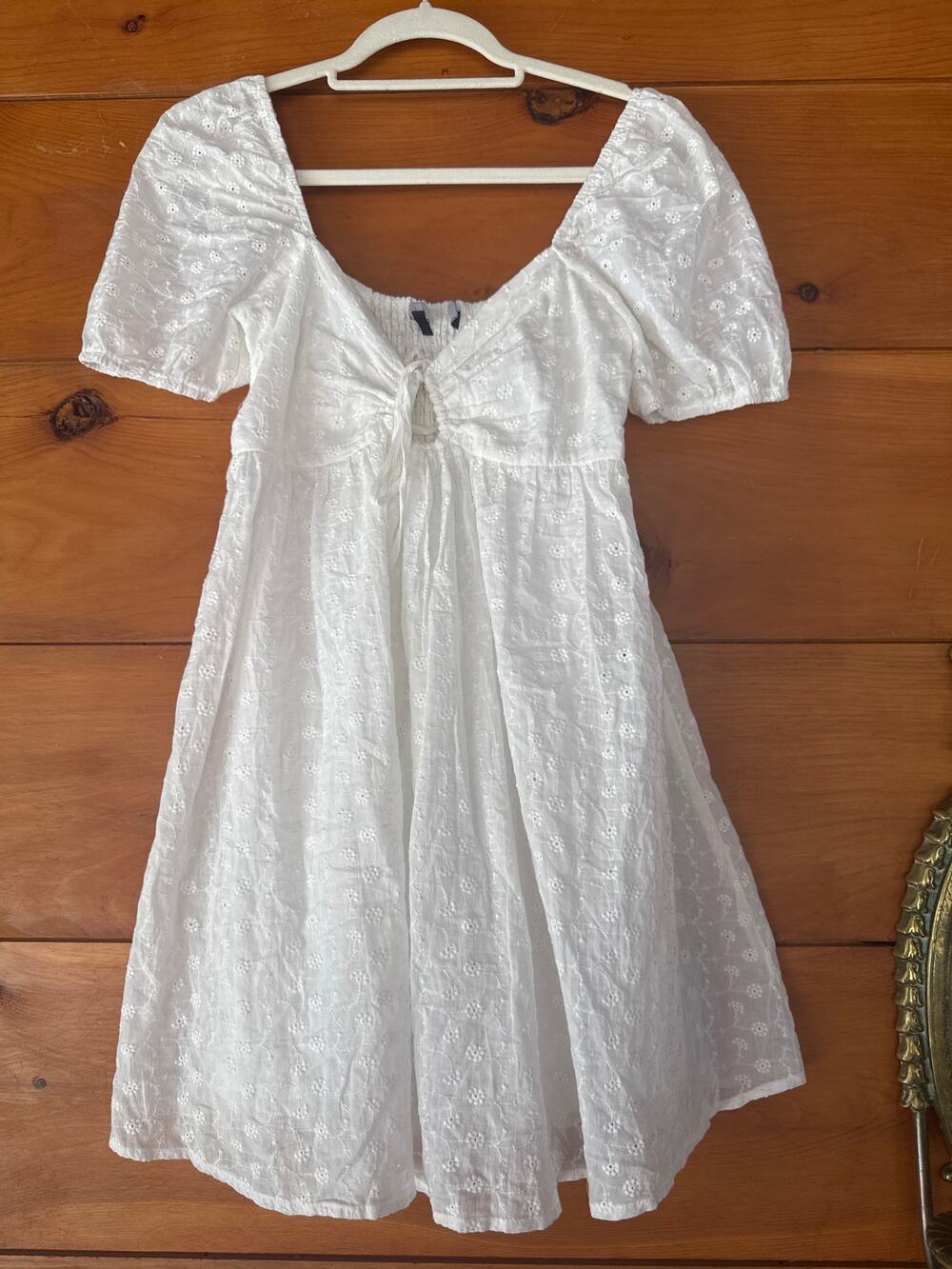 Lulus White Eyelet Embroidered Babydoll Dress Puff Sleeve Sweetheart Neck Sz XS